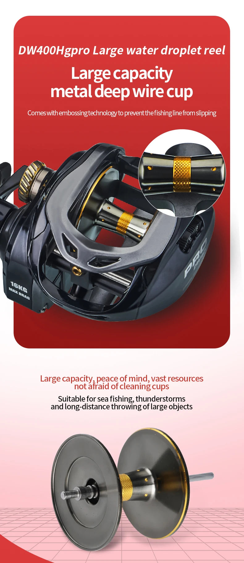 Baitcaster Fishing Reel Extended Handle 7.2:1 Gear Ratio 16KG Max Drag 6+1BB For Bass Freshwater Saltwater Baitcasting Reel