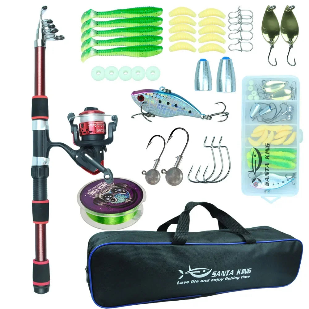 Santa King Fishing Rod Reel Combo-  Fishing Full Kits With Telescopic Fishing Rod And Spinning Reel Baits Hooks Travel Pole Set