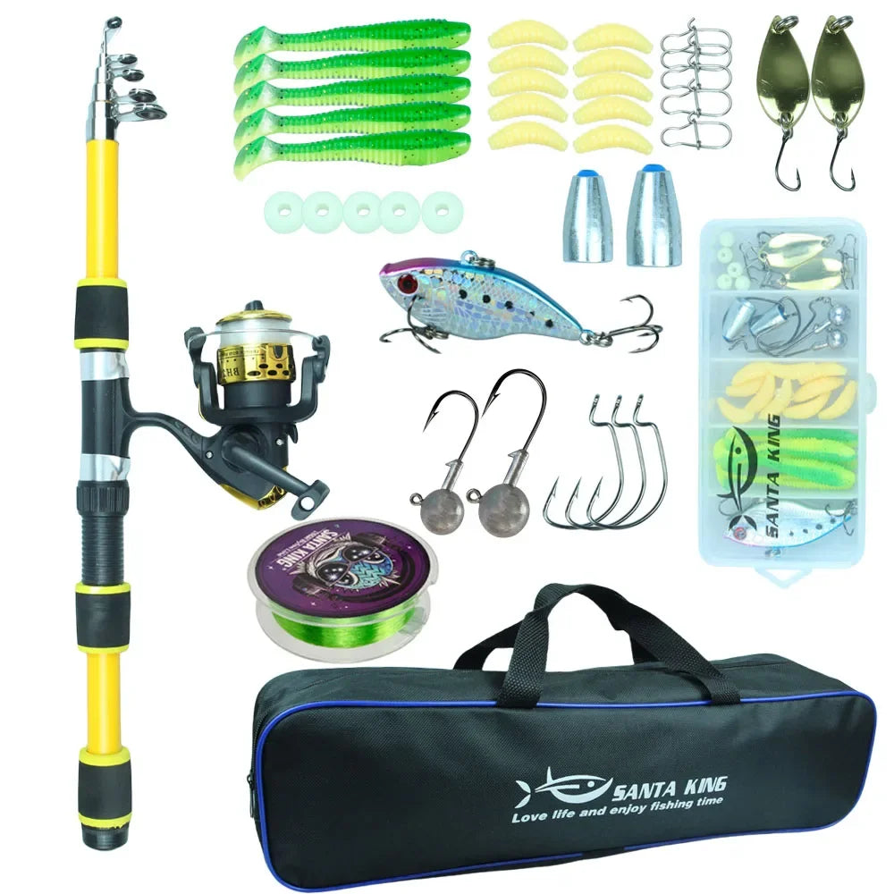 Santa King Fishing Rod Reel Combo-  Fishing Full Kits With Telescopic Fishing Rod And Spinning Reel Baits Hooks Travel Pole Set