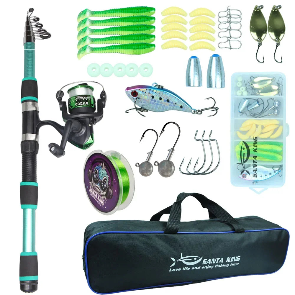 Santa King Fishing Rod Reel Combo-  Fishing Full Kits With Telescopic Fishing Rod And Spinning Reel Baits Hooks Travel Pole Set