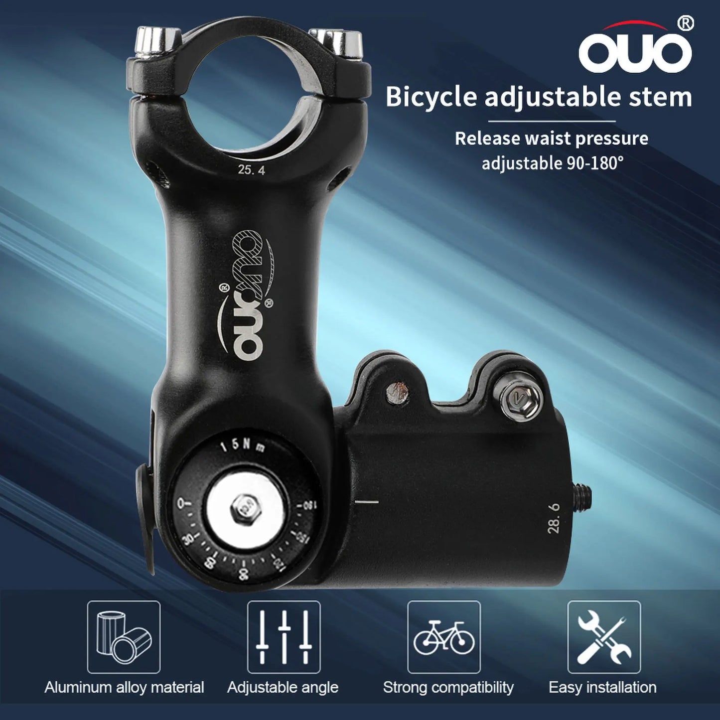 OUO MTB Adjustable Stem MTB Power Bike Table 90-180 Degree Bicycle Handlebar Extender 25.4/31.8mm Down Stem Extension Dual Lock