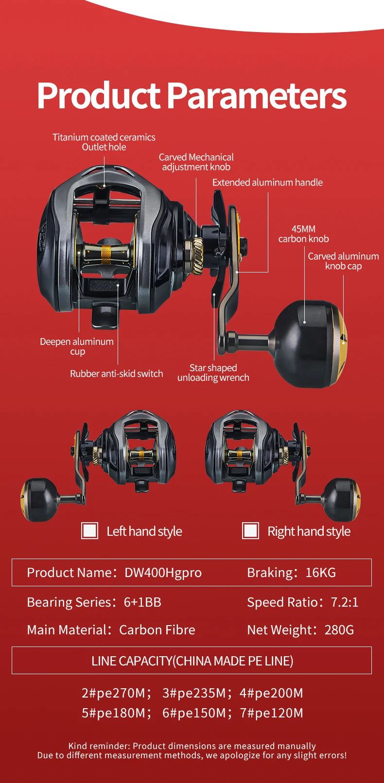 Baitcaster Fishing Reel Extended Handle 7.2:1 Gear Ratio 16KG Max Drag 6+1BB For Bass Freshwater Saltwater Baitcasting Reel