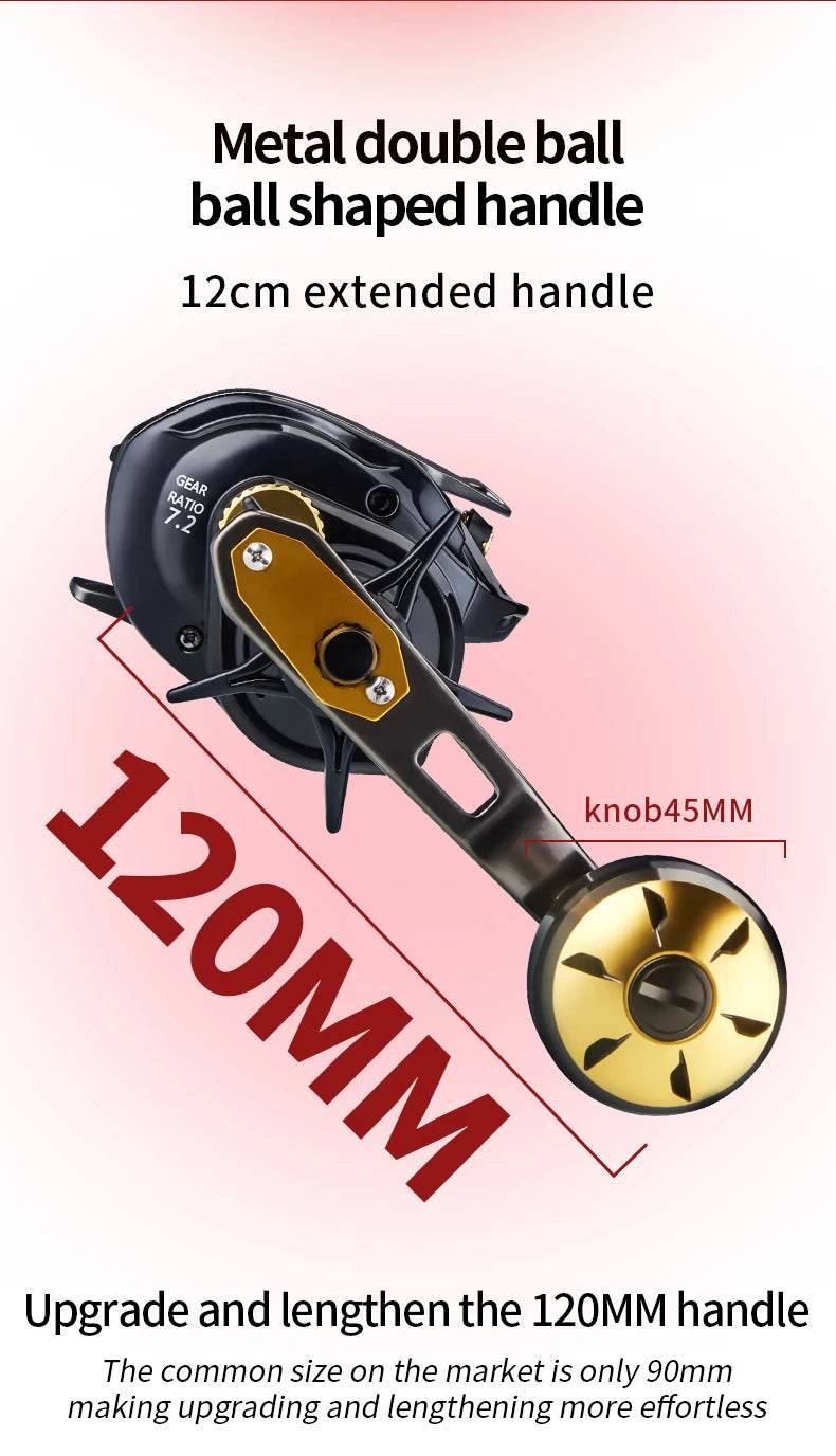 Baitcaster Fishing Reel Extended Handle 7.2:1 Gear Ratio 16KG Max Drag 6+1BB For Bass Freshwater Saltwater Baitcasting Reel