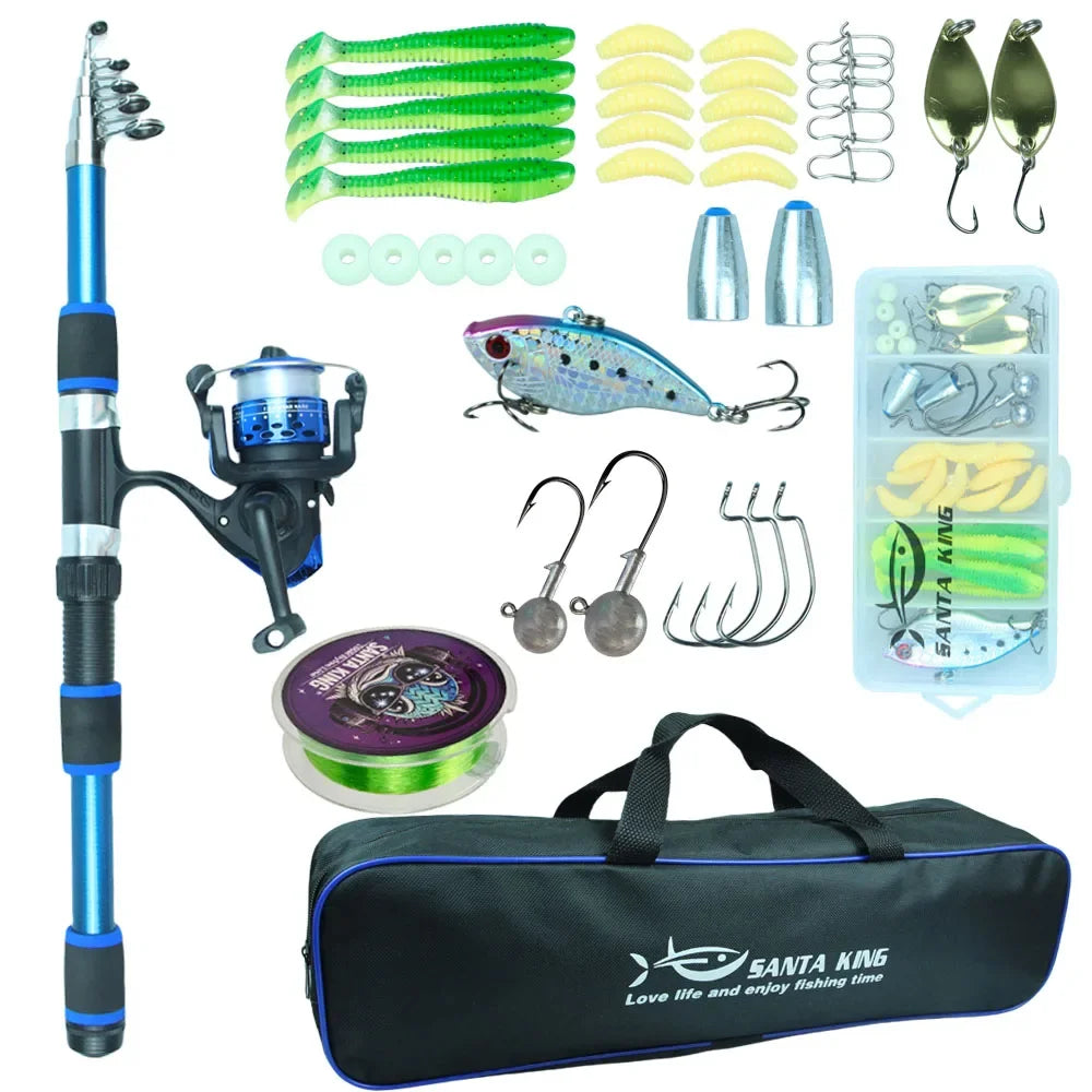 Santa King Fishing Rod Reel Combo-  Fishing Full Kits With Telescopic Fishing Rod And Spinning Reel Baits Hooks Travel Pole Set