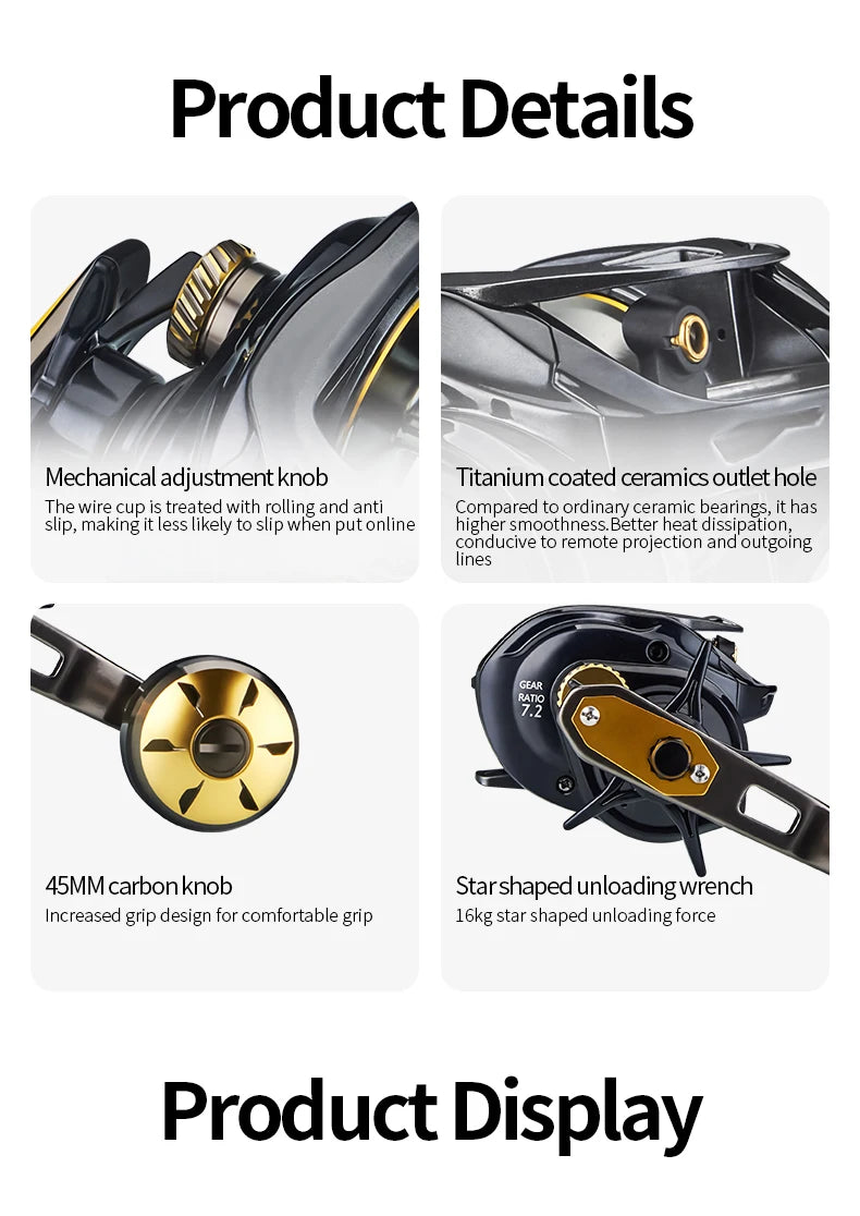 Baitcaster Fishing Reel Extended Handle 7.2:1 Gear Ratio 16KG Max Drag 6+1BB For Bass Freshwater Saltwater Baitcasting Reel