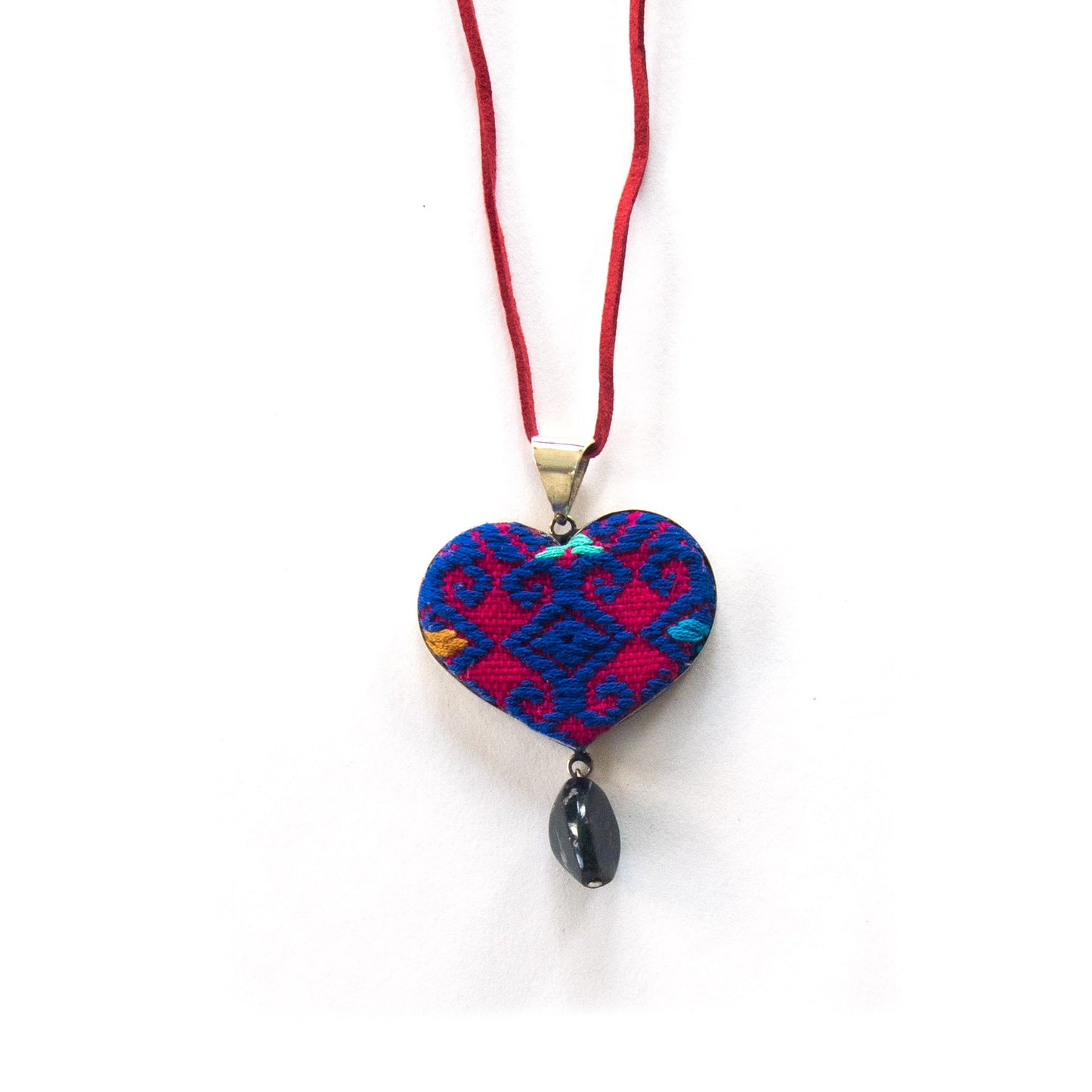 San Andres Heart Textile Necklace with Hanging Stone